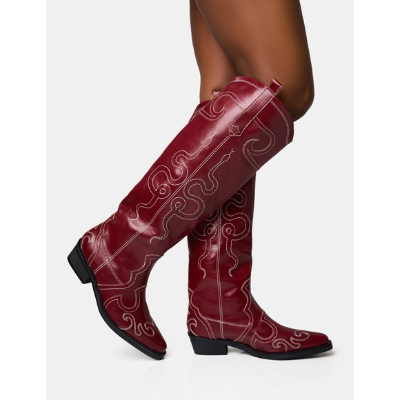 Public Desire | Serpentine Burgundy Snake Embroidered Knee High Western Boots 8 - Picture 5 of 9